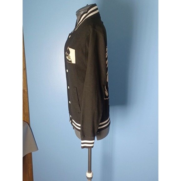 Vintage Goth Black Small Jacket Skull "Deaths Guiding Light" White Stripe - Picture 6 of 16